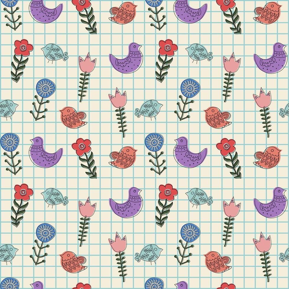 färgrik vektor sömlös mönster med etnisk hand dragen vår blommor och fåglar i en rutig anteckningsbok
