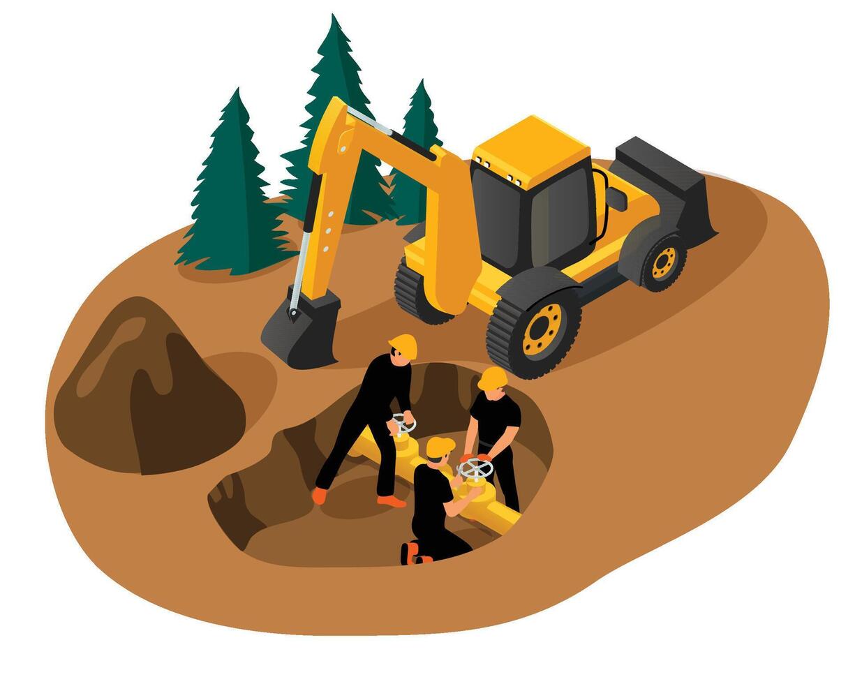 isometrisk vektor av ett grävmaskin grävning en grop och arbetare reparation en vatten rör