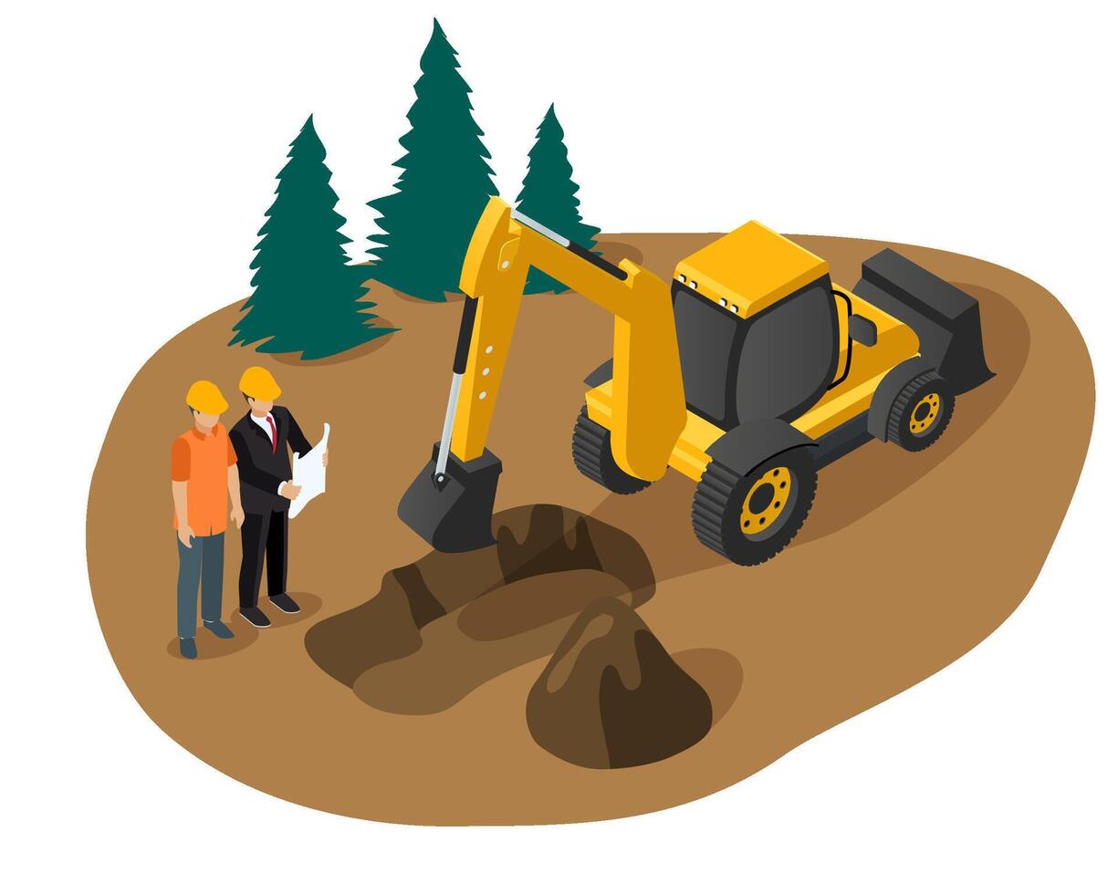 isometrisk vektor av ett grävmaskin grävning en fundament grop för en byggnad