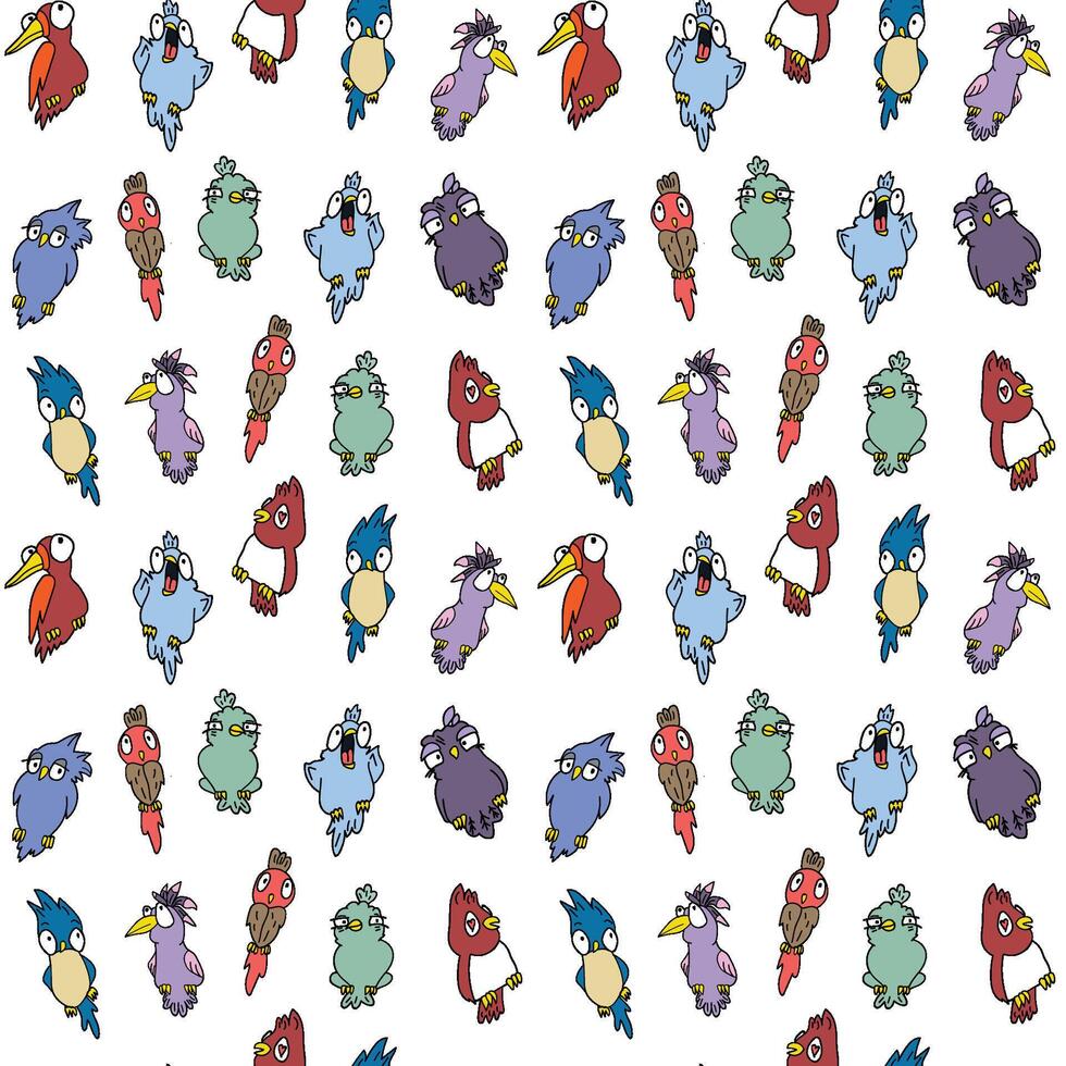 uppsättning av färgrik tecknad serie söt vektor fåglar, sömlös mönster