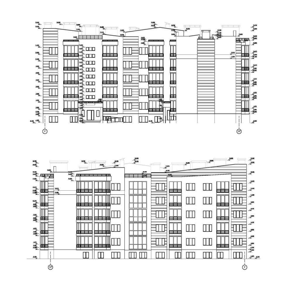 mehrstöckig Gebäude Fassaden, detailliert architektonisch technisch Zeichnung, Vektor Entwurf