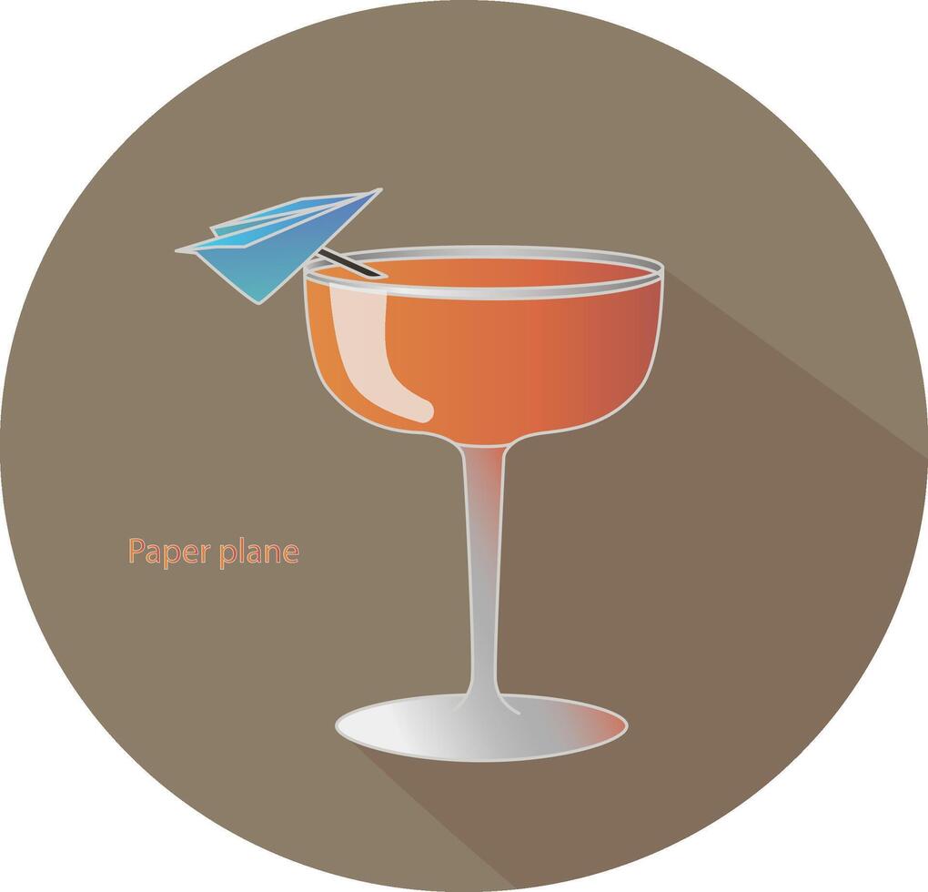 Hand gezeichnet Vektor Illustration von ein Papier Flugzeug Alkohol Bourbon und Amaro Cocktail mit ein Blau Papier Flugzeug Dekoration, im ein braun Kreis mit ein Schatten und das Text. Bar Speisekarte