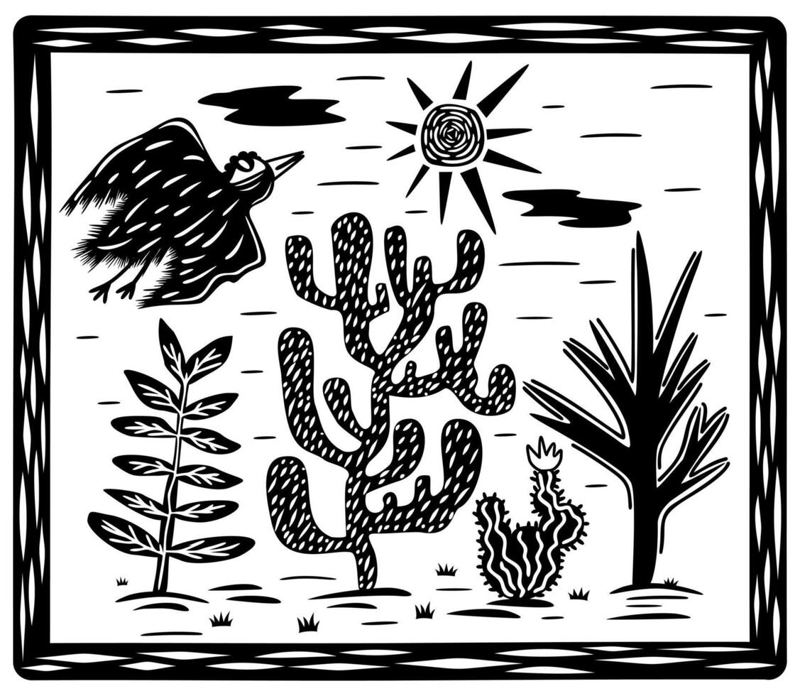 brasiliansk cordel stil. öken- landskap och fågel flygande mot de Sol. kaktusar, suckulenter, Sol och moln på ram. träsnitt stil vektor