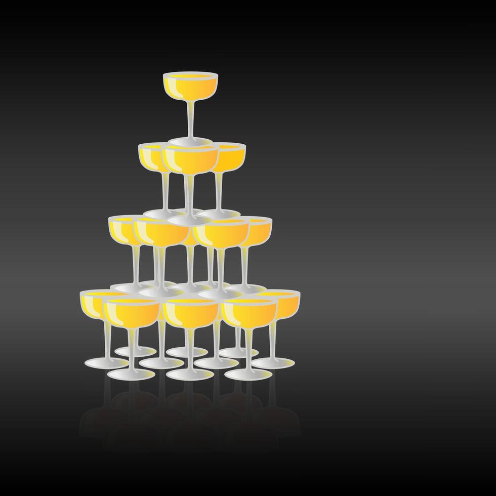 pyramid av glasögon med champagne mot svart bakgrund och plats för text. vektor illustration