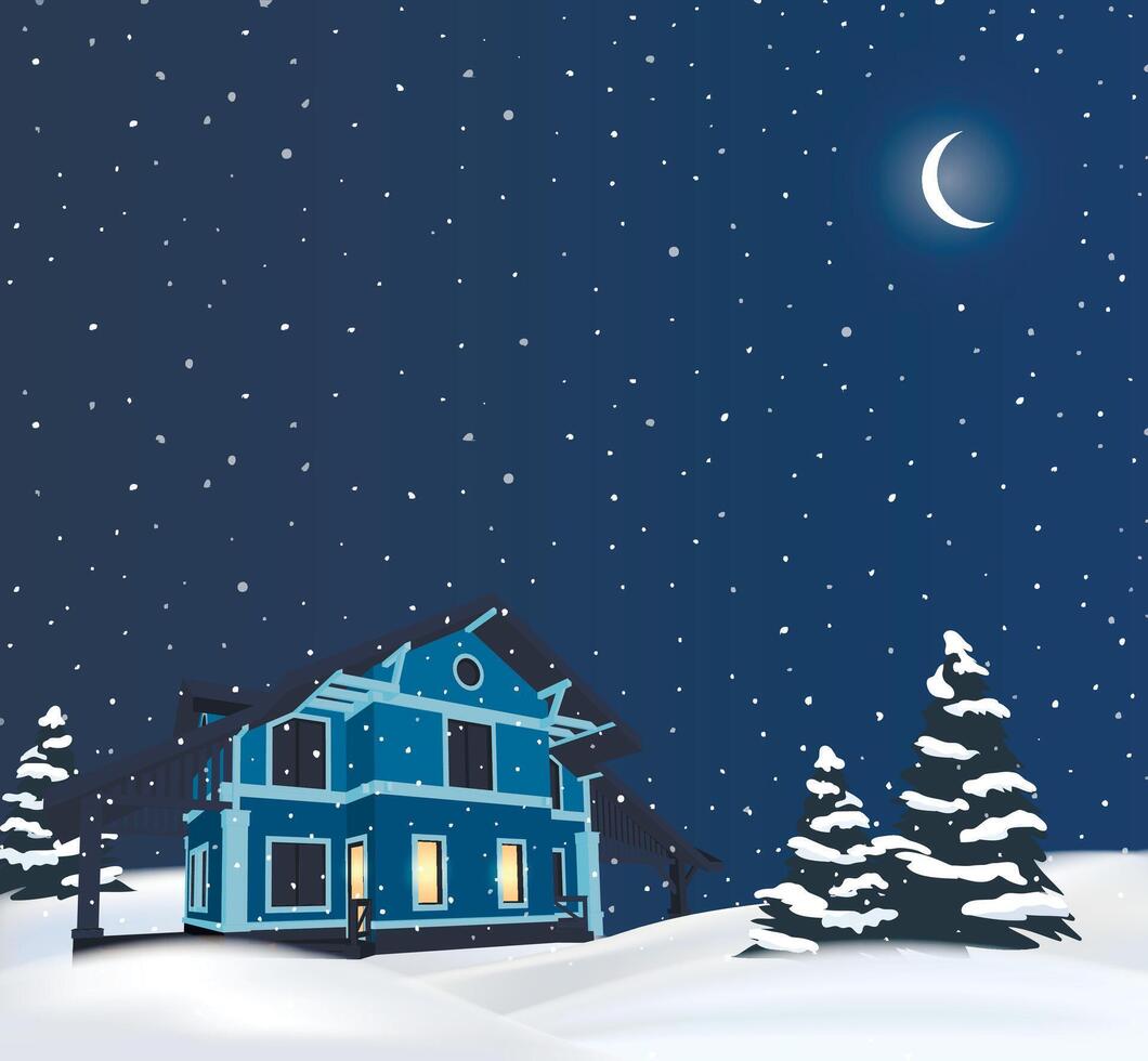 vektor natt vinter- snöig landsbygden stuga illustration