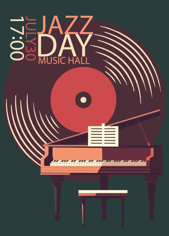 flygblad eller affisch för en jazz konsert med en stor piano och en vinyl vektor