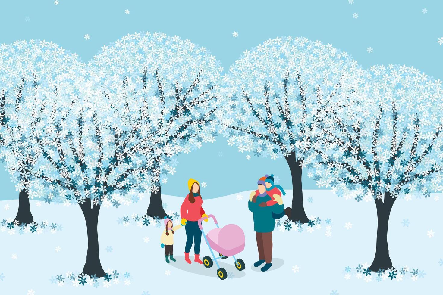 Vektor Familie mit zwei Kinder und ein Kinderwagen im Winter Park