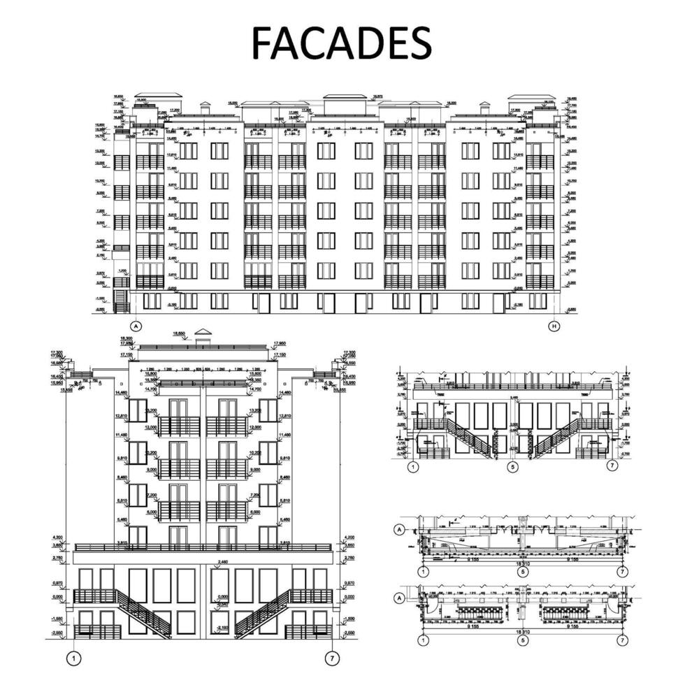 flervånings- byggnad Fasad, detaljerad arkitektonisk teknisk teckning, vektor plan