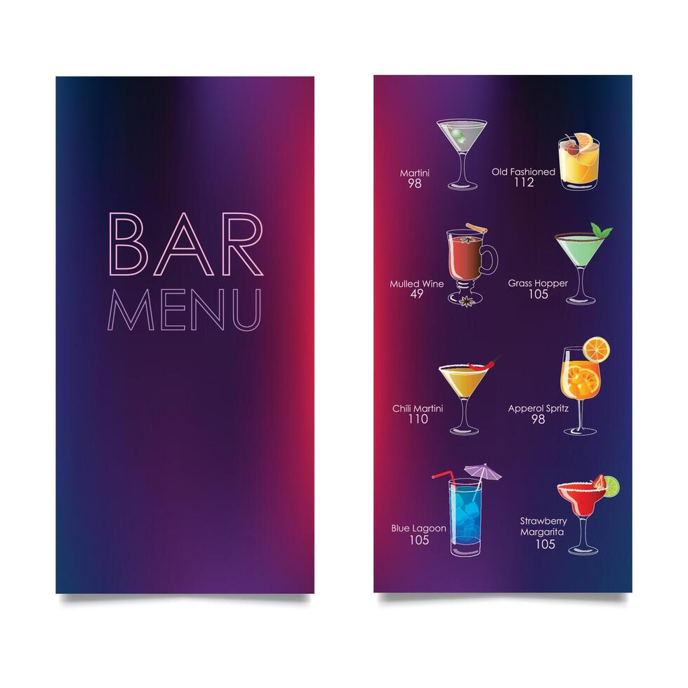 Cocktail Bar Speisekarte Vorlage. Vektor
