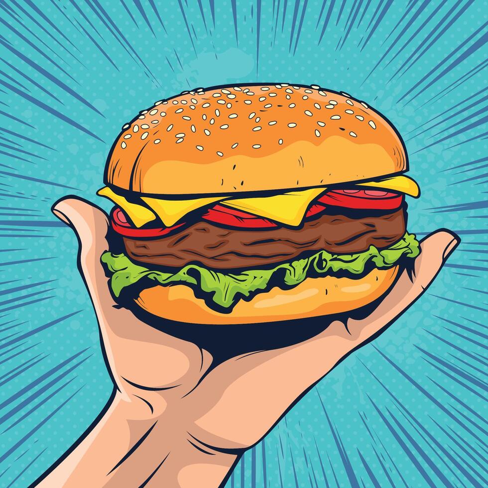 burger på hand. snabb mat vektor illustration i pop- konst retro komisk stil.