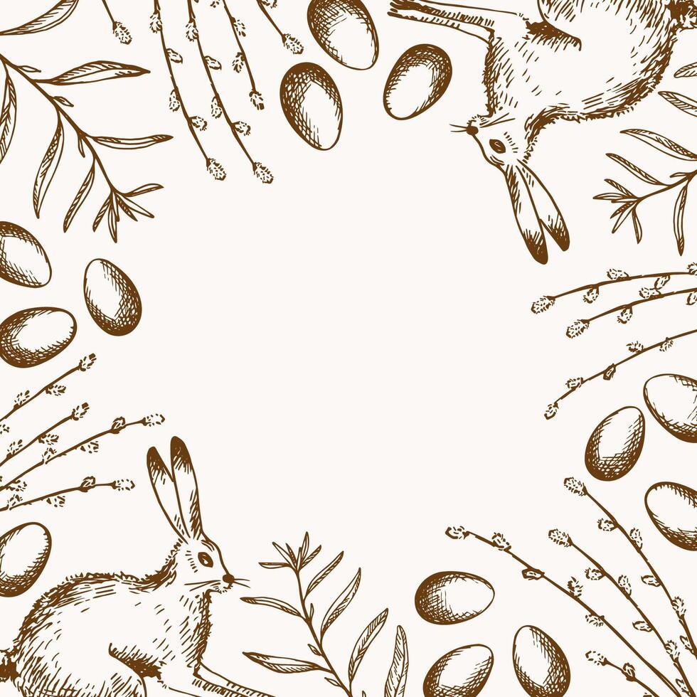 Ostern Karte Jahrgang Hintergrund zum Text mit Hase, Weide Blumen, Ostern Eier, skizzieren mit Gravur Hand gezeichnet Vektor Illustration, festlich Design Rand zum Herzliche Glückwünsche Frühling Ferien