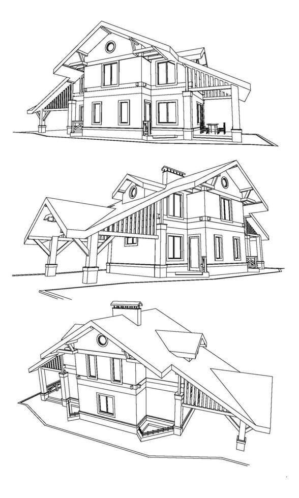 vektor uppsättning av privat hus fasader, detaljerad arkitektonisk teknisk teckning, isometrisk, antenn se