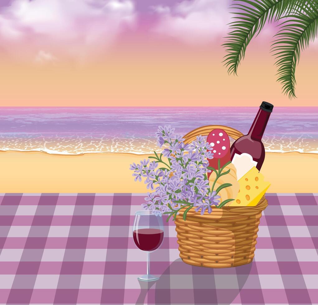 Hand gezeichnet Vektor Illustration von ein Picknick Korbweide Korb und ein Glas von Wein mit das Seelandschaft