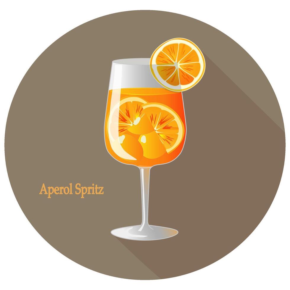 hand dragen vektor illustration av aperol spritz alkohol cocktail med en citrus- orange skiva dekoration, i en brun cirkel med lång skugga och text. bar meny
