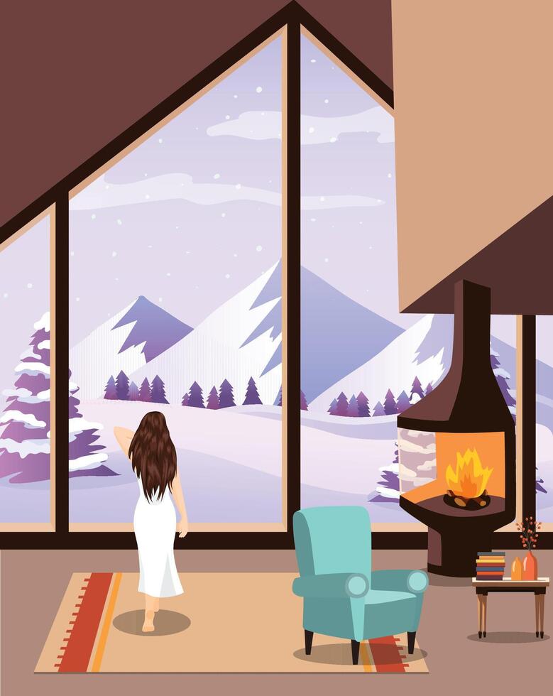 vektor illustration av en kvinna stående nära de fönster med de vinter- snöig bergen
