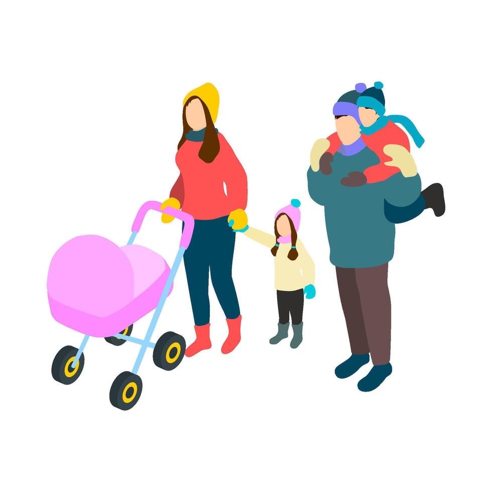 Vektor isometrisch kaukasisch Familie mit zwei Kinder und ein Kinderwagen im Winter Kleidung draußen