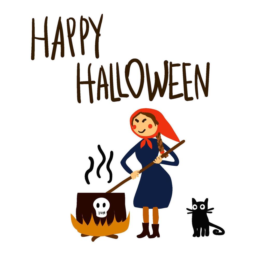halloween hand dragen vektor illustration med rolig häxa och en svart katt matlagning förgifta