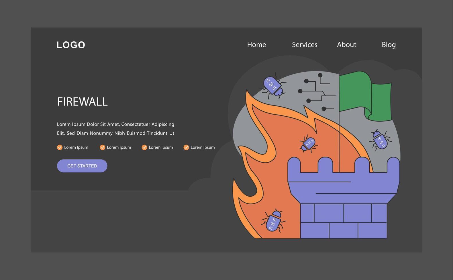 Firewall Netz Banner oder Landung Seite dunkel oder Nacht Modus. Netzwerk Sicherheit vektor