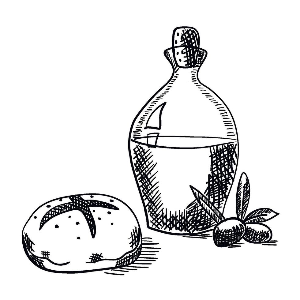 Hand gezeichnet Vektor Flasche von Olive Öl und ein gebacken Brot