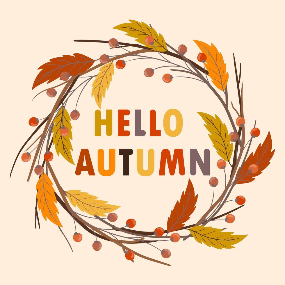 Hallo Herbst warm Vektor Banner mit Hand gezeichnet Kreis Rahmen von Herbst Geäst.