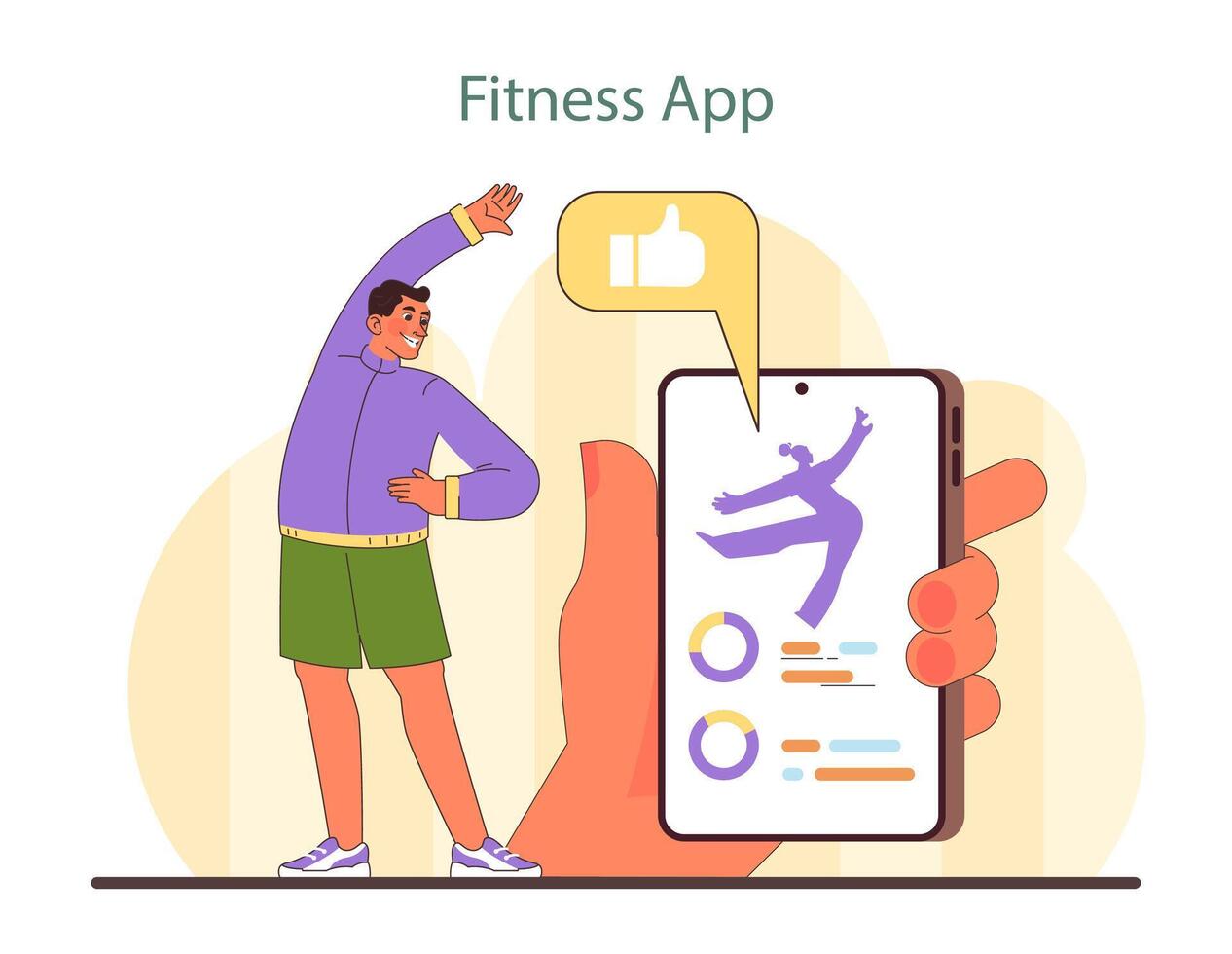 Fitness App Illustration. Mann erreicht Fitness Tore mit ein Smartphone App. vektor