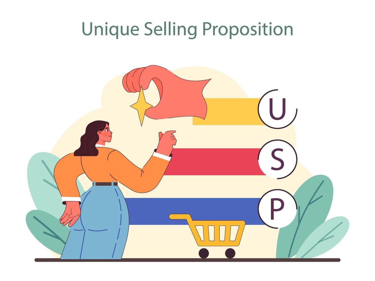 einzigartig Verkauf Vorschlag Konzept. Highlights das Prozess von definieren auffallen Eigenschaften im ein wettbewerbsfähig Markt. vektor