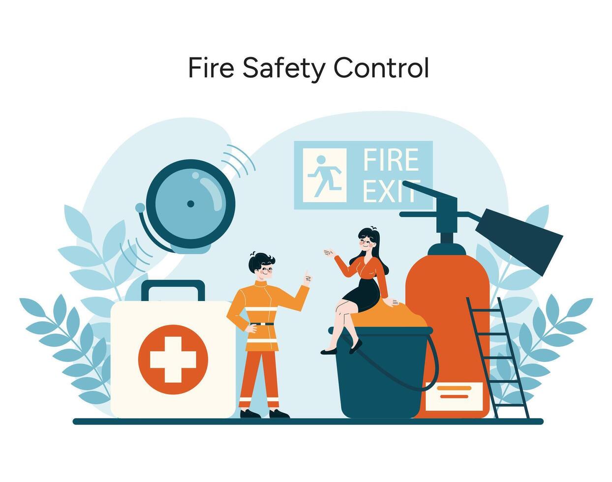 Arbeitskräfte engagieren mit Feuer Sicherheit Ausrüstung, fördern Wachsamkeit und Notfall Antwort im Beachtung mit osha Standards vektor