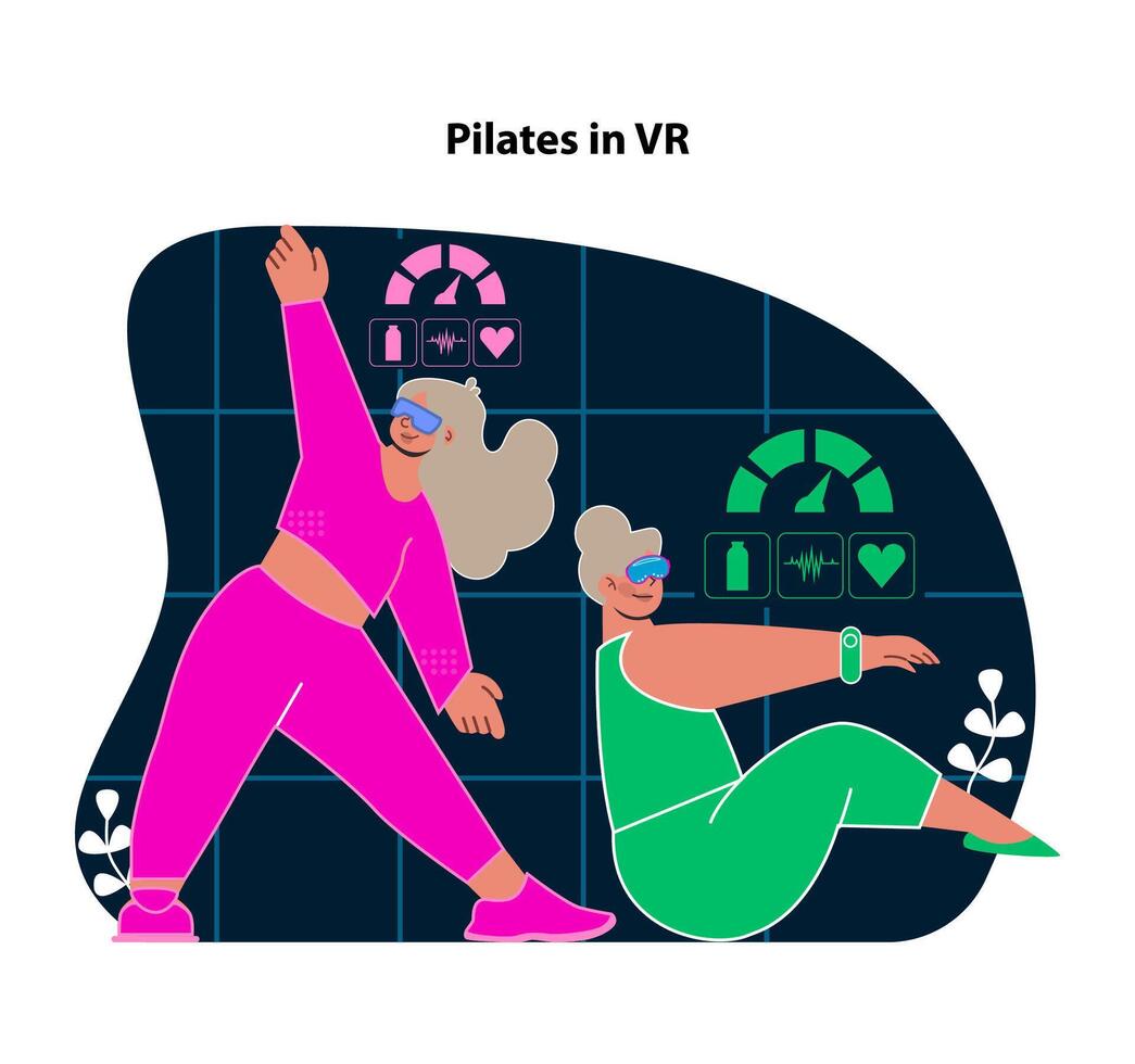 Pilates im vr. heiter virtuell Sitzungen verbessern Ader Stärke und Flexibilität. vektor