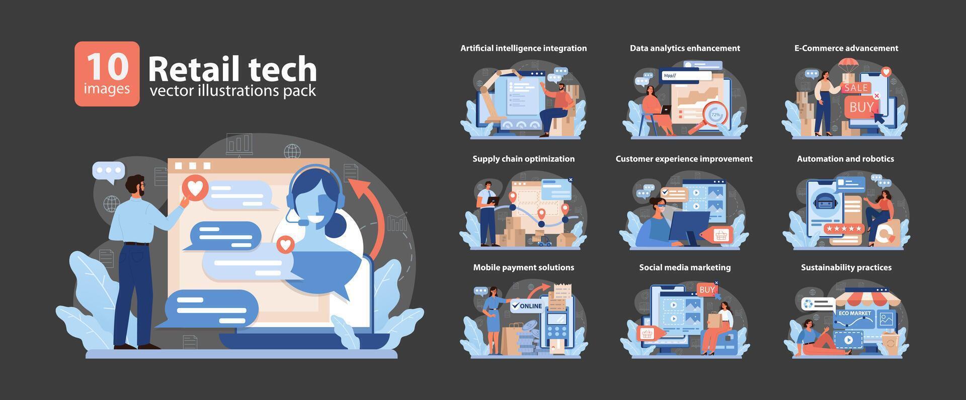 detaljhandeln tech vektor illustrationer packa. en dynamisk monter av teknologi integration i detaljhandeln.