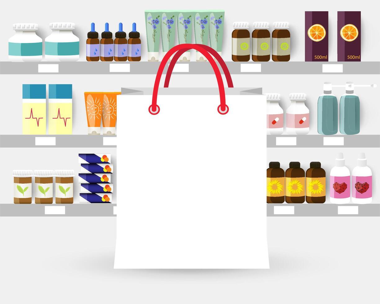 apotek handla papper väska paket attrapp för din logotyp, i främre av hyllor med medicin flaskor, sprayer och piller. vektor illustration