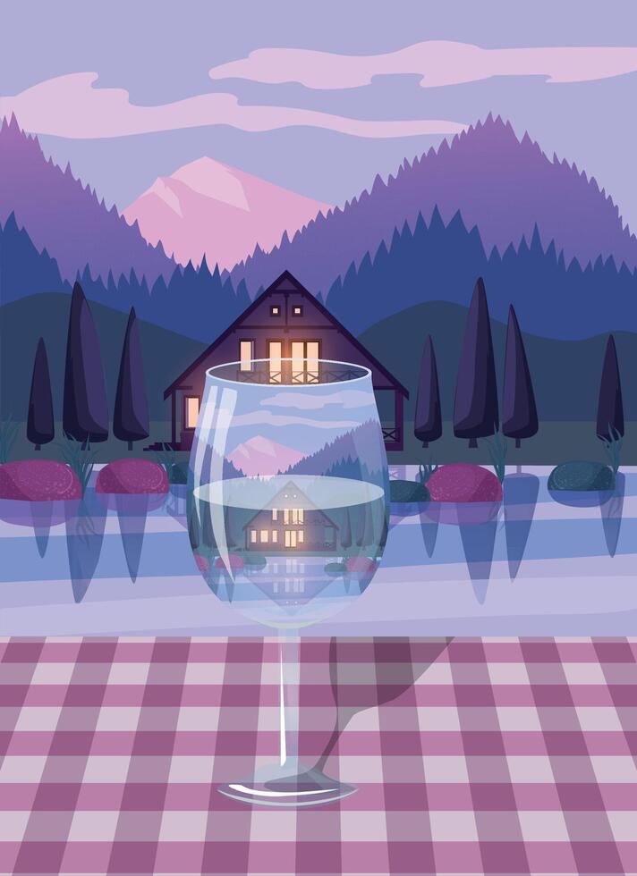 Betrachtung von ein Haus und ein See im das Glas vektor