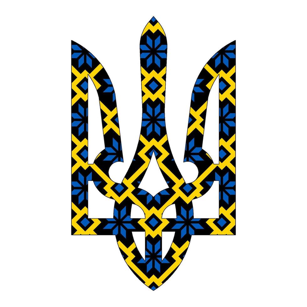 Vektor Illustration von ukrainisch Zustand Mantel von Waffen tryzub mit Ornament im symbolisch Blau und Gelb Farben