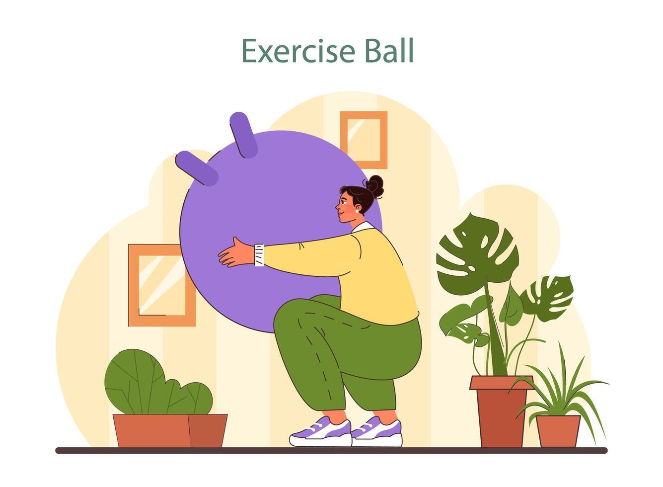 övning boll illustration. en kvinna i tillfällig träna klädsel användningar ett övning boll på Hem. vektor