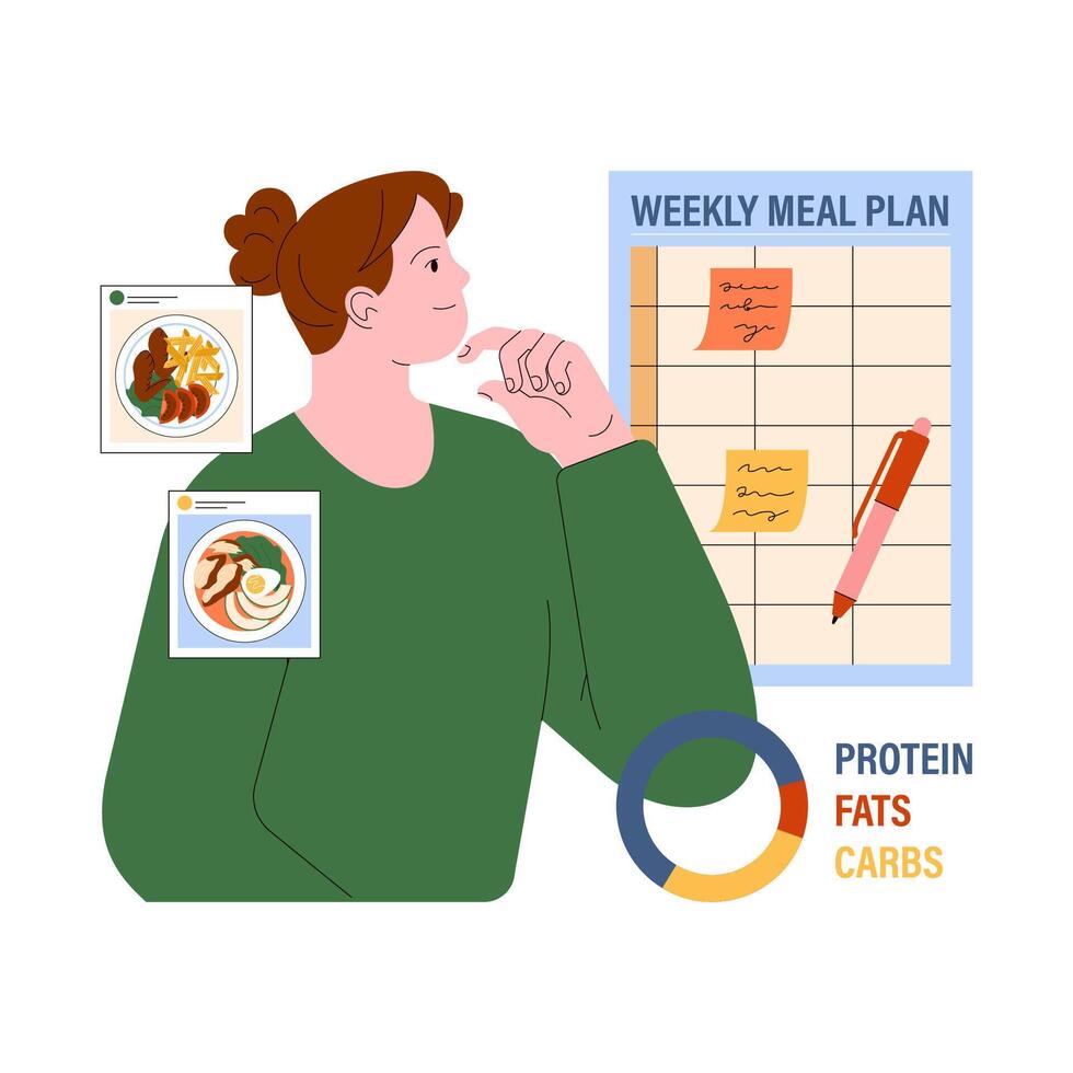 måltid planera. kvinna överväger en balanserad diet med en varje vecka måltid planen vektor