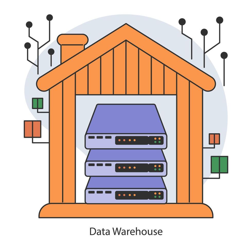 Daten Lagerhaus. zentralisiert Daten Lager Systeme mit fortgeschritten Konnektivität. vektor