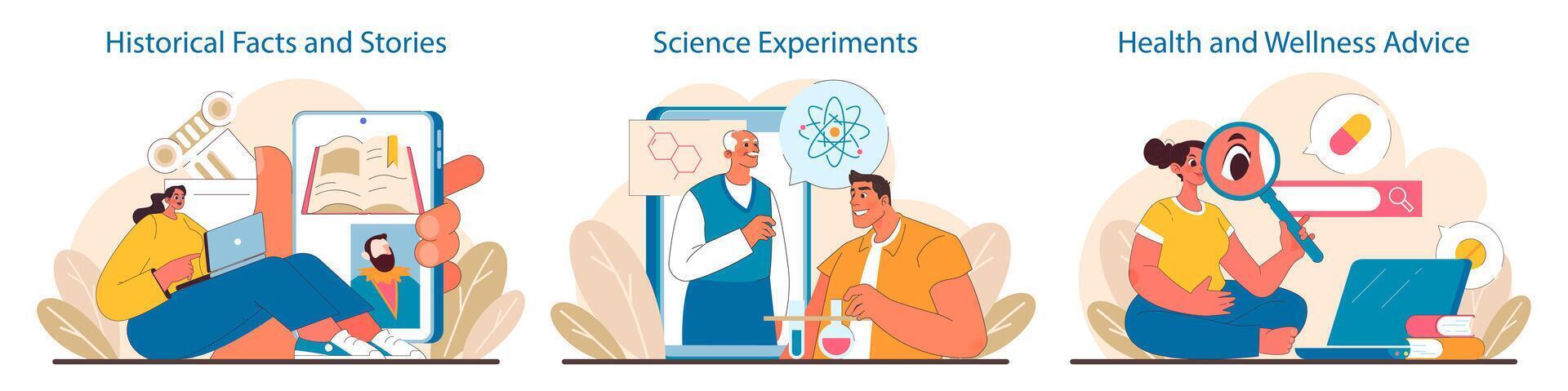 Lernen Portal Satz. erkunden Geschichte, Dirigieren Wissenschaft, fördern Gesundheit. vektor