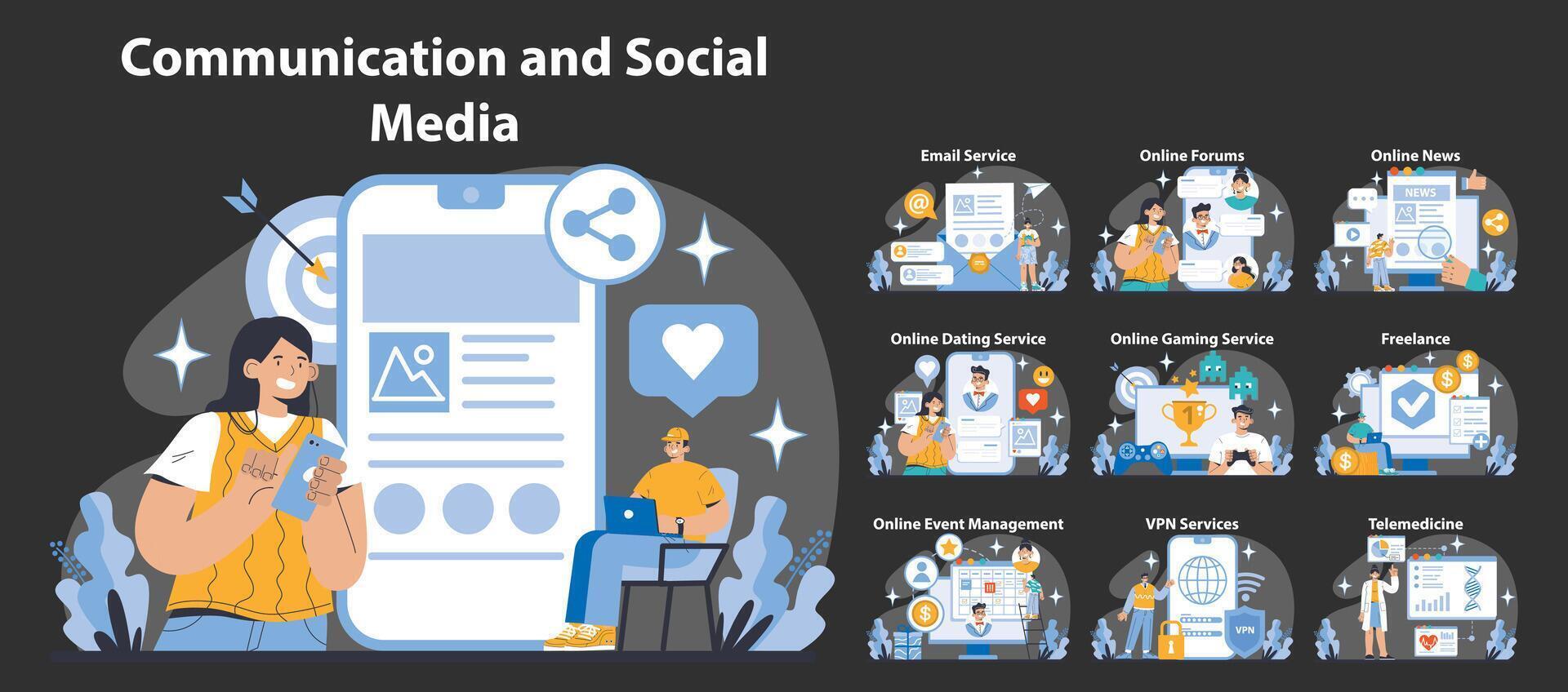 Kommunikation und Sozial Medien Konzept. eben Vektor Illustration