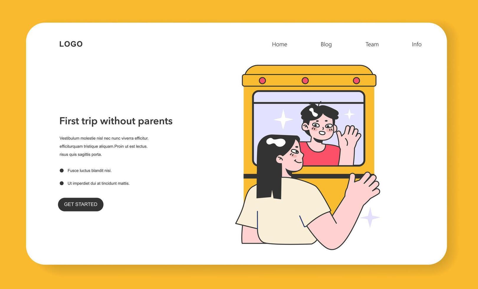 först resa utan föräldrar webb baner eller landning sida. pojke vinka vektor
