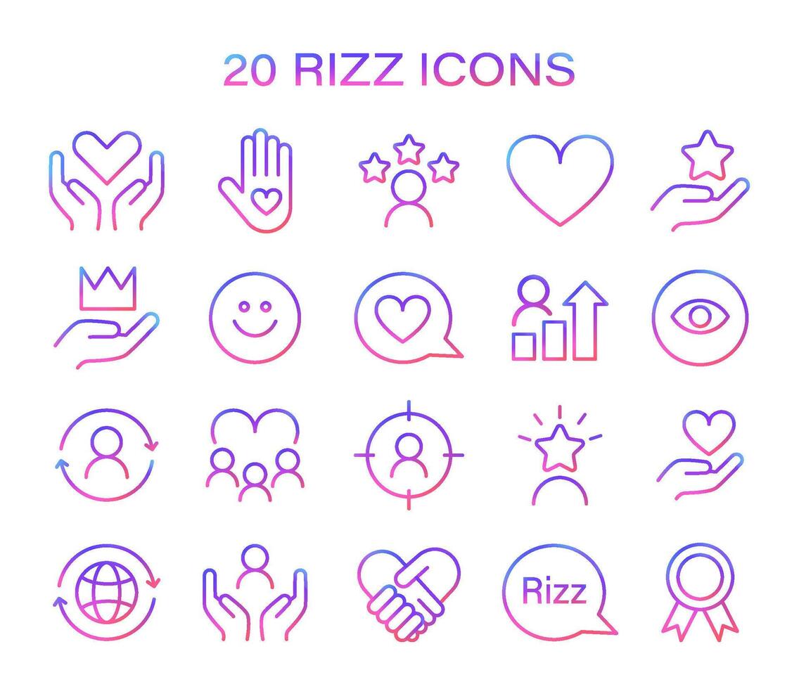 rizz ikon uppsättning. minimalistisk linje ikoner representerar olika aspekter av social samspel vektor