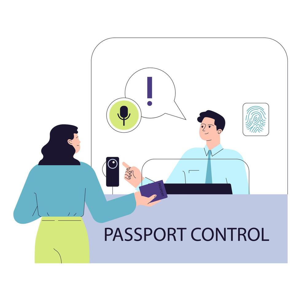 Flughafen Reisepass Kontrolle. ein Reisender bietet Unterlagen zu Sicherheit Personal vektor
