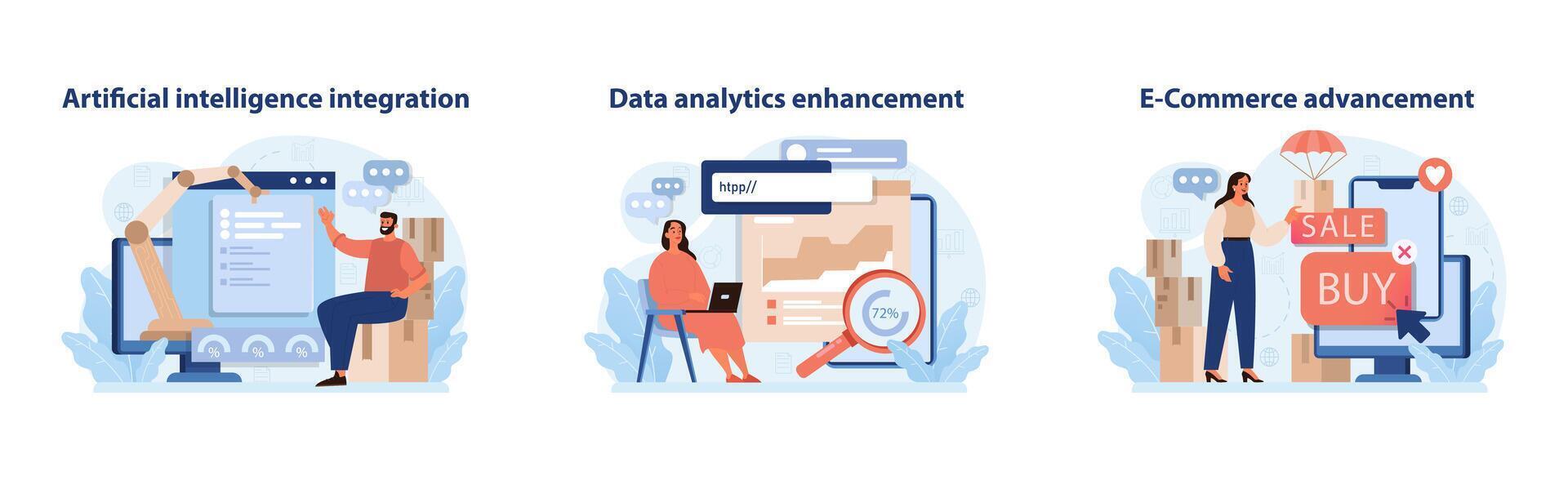 Verkauf Technik Serie Satz. präsentieren künstlich Intelligenz, Daten Analytik, und E-Commerce Strategien verbessern Verkauf Operationen. vektor