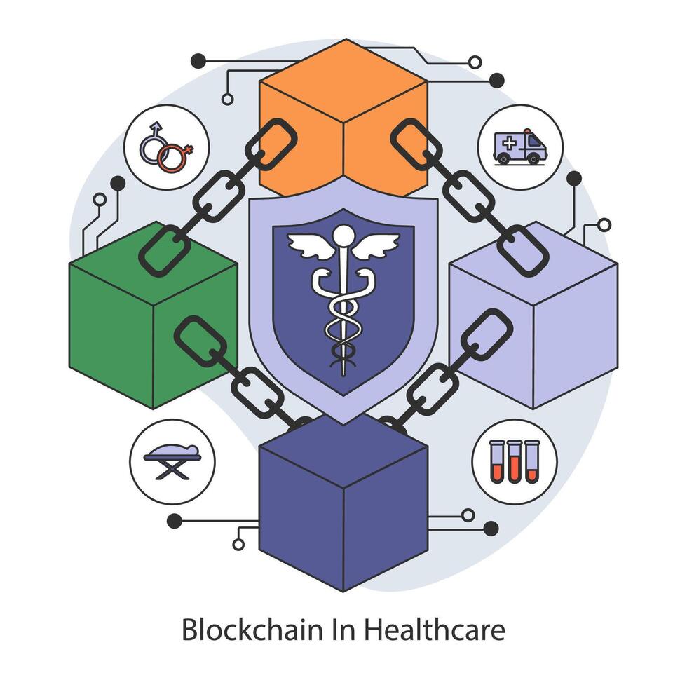 Blockchain Technologie im Gesundheitswesen Konzept. eben Vektor Illustration.