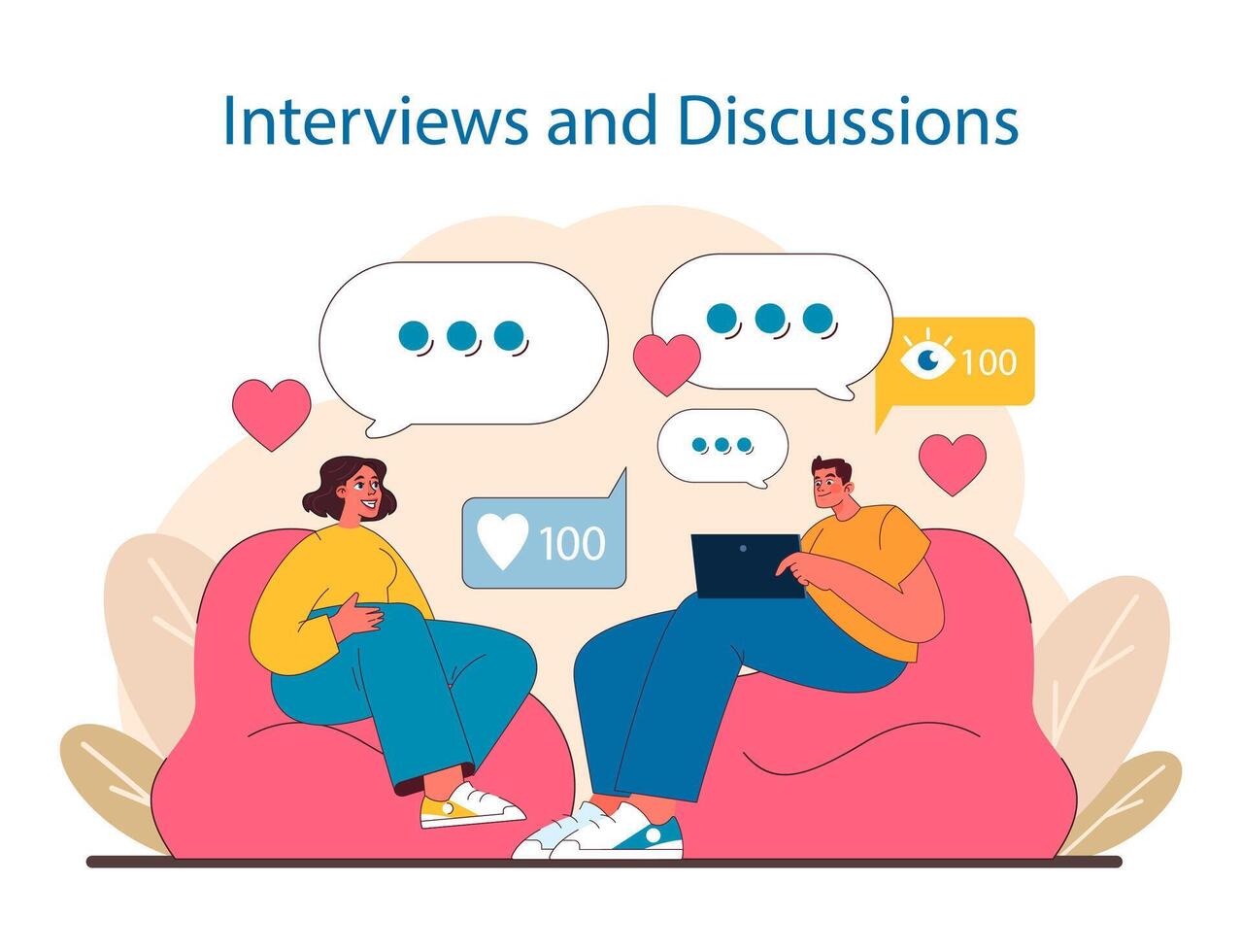 online Gespräche Konzept. zwei Menschen engagieren im ein Digital Interview und Diskussion, Teilen Ideen und Reaktionen. vektor