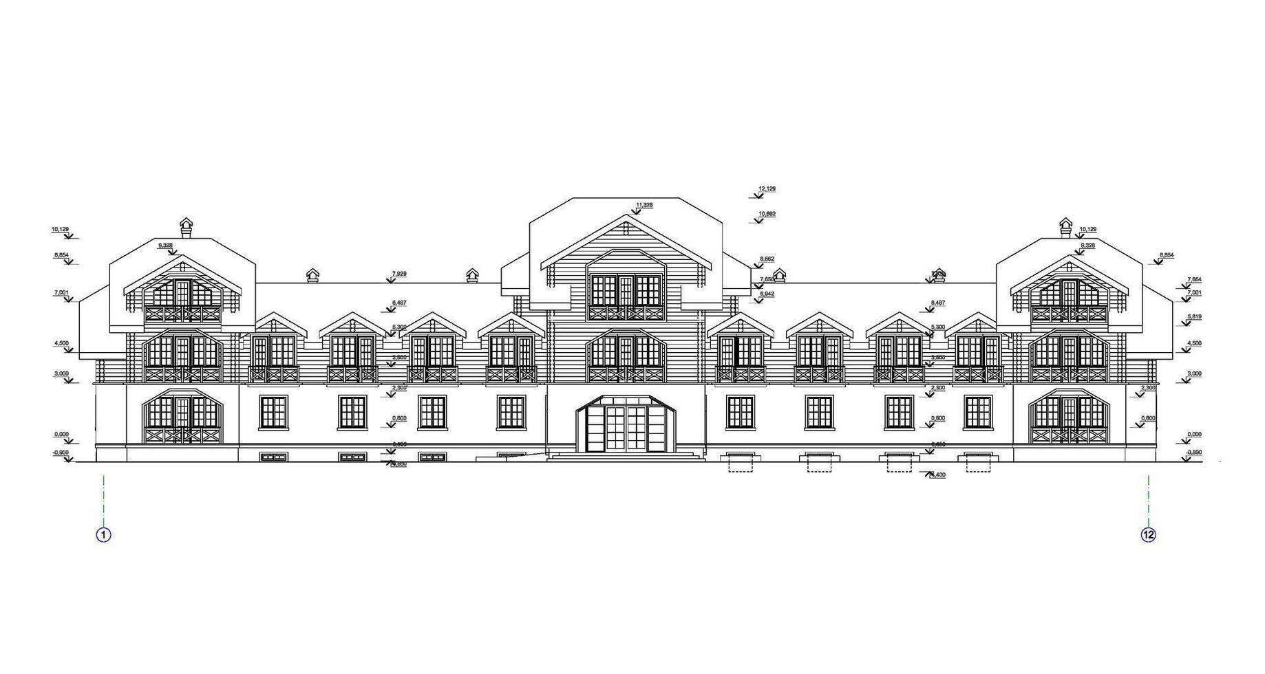 flervånings- byggnad Fasad, detaljerad arkitektonisk teknisk teckning, vektor plan