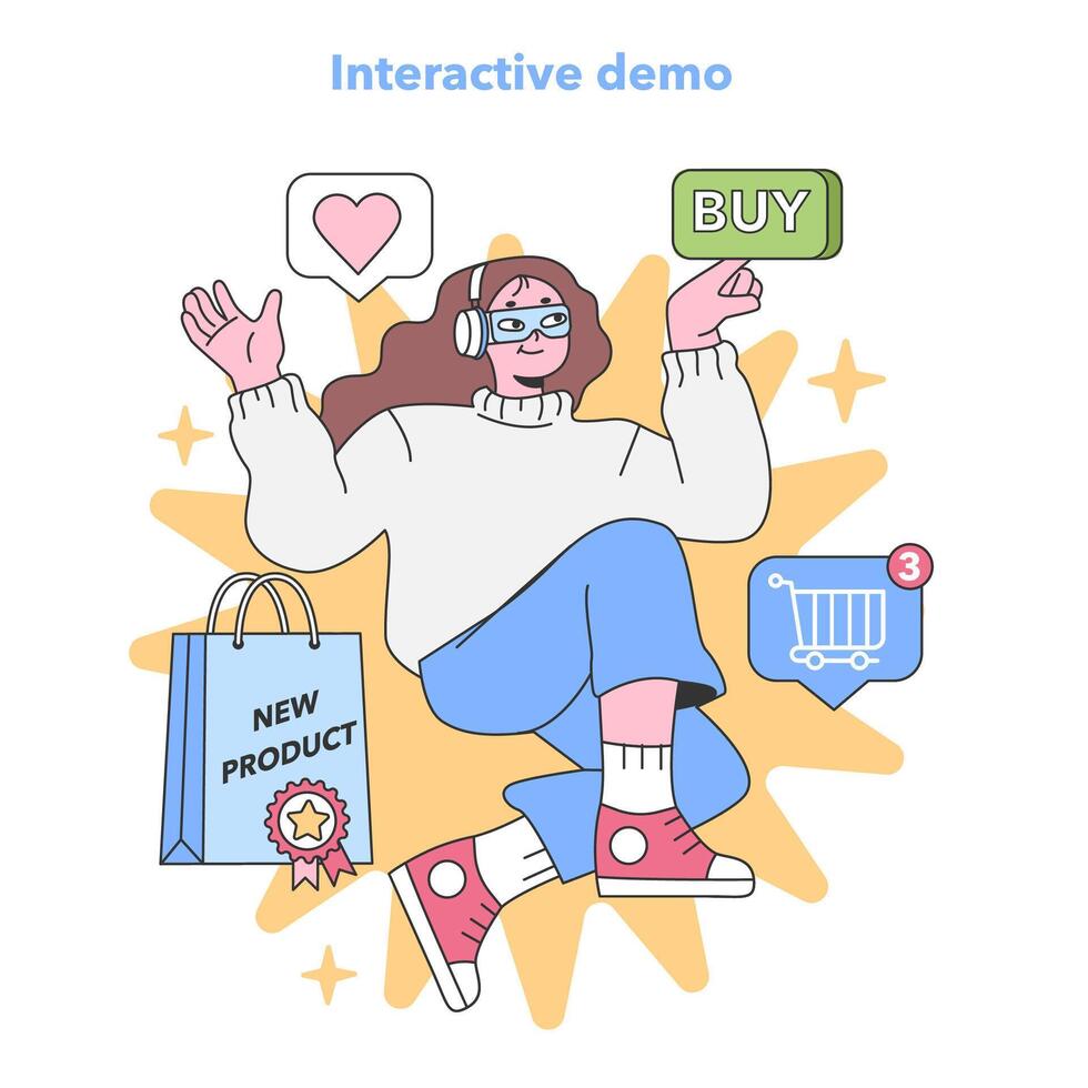 engagerad shopper åtnjuter interaktiv produkt demo. platt vektor illustration.