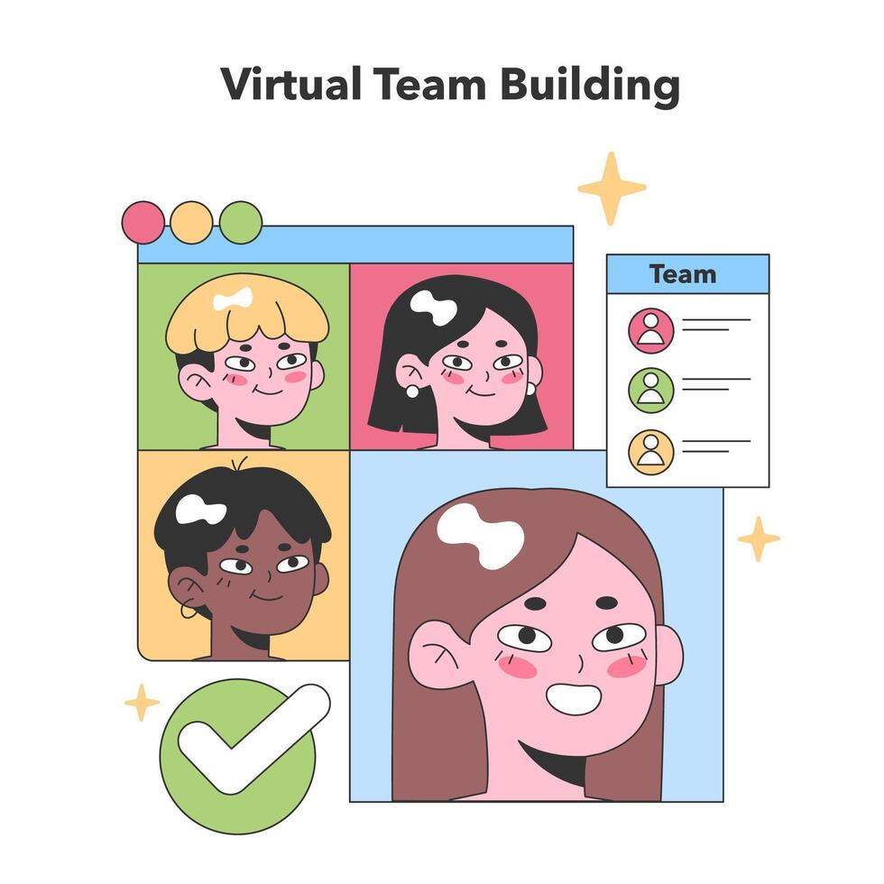 olika virtuell team medlemmar i en färgrik rutnät, med en checklista symboliserar vektor