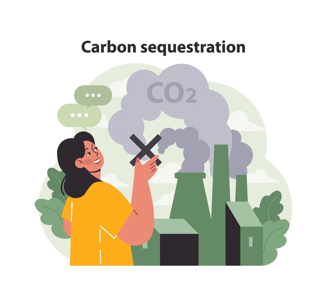 Frau Hervorheben das Bedeutung von reduzieren co2 Emissionen von Fabriken. eben Vektor Illustration.