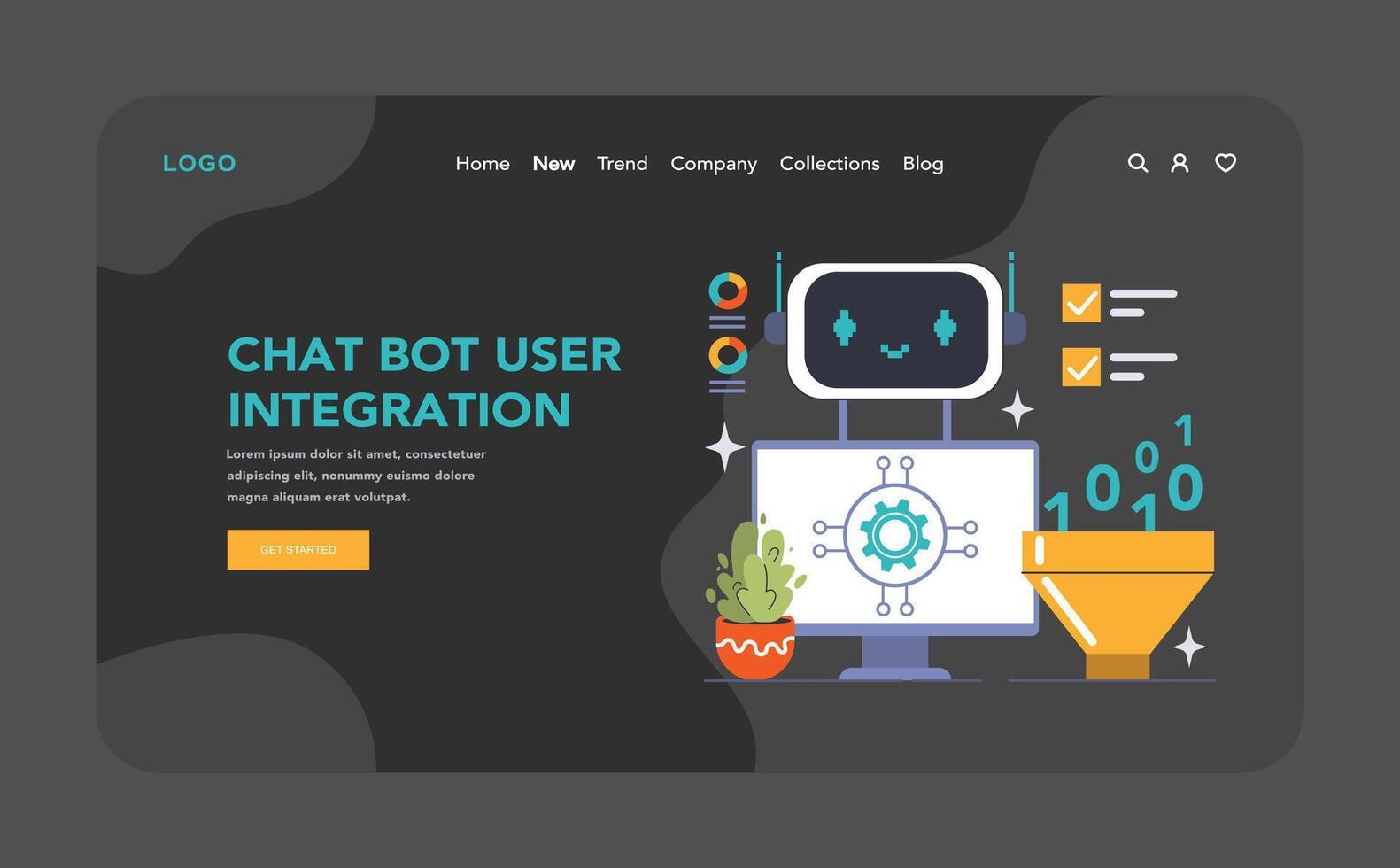 chatt bot användare integration mörk eller natt läge webb, landning. digital assistent vektor