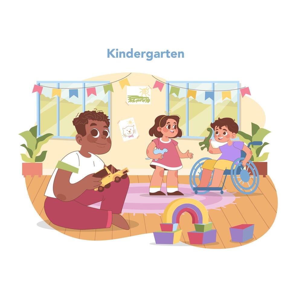 inklusive Kindergarten Szene. eben Vektor Illustration