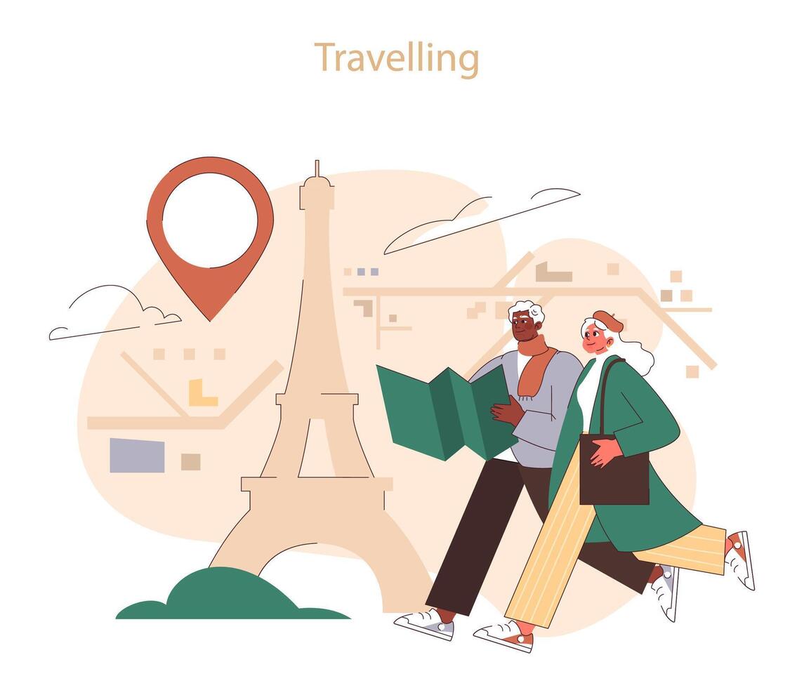 reser utomlands. äldre par utforska paris, Karta i hand nära vektor